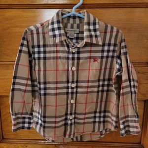 Burberry Beige Plaid Button-Down Shirt with Navy and Red Lines